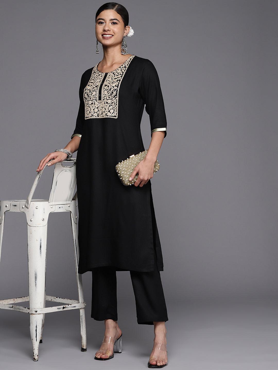 Black Yoke Design Wool Straight Kurta - ShopLibas