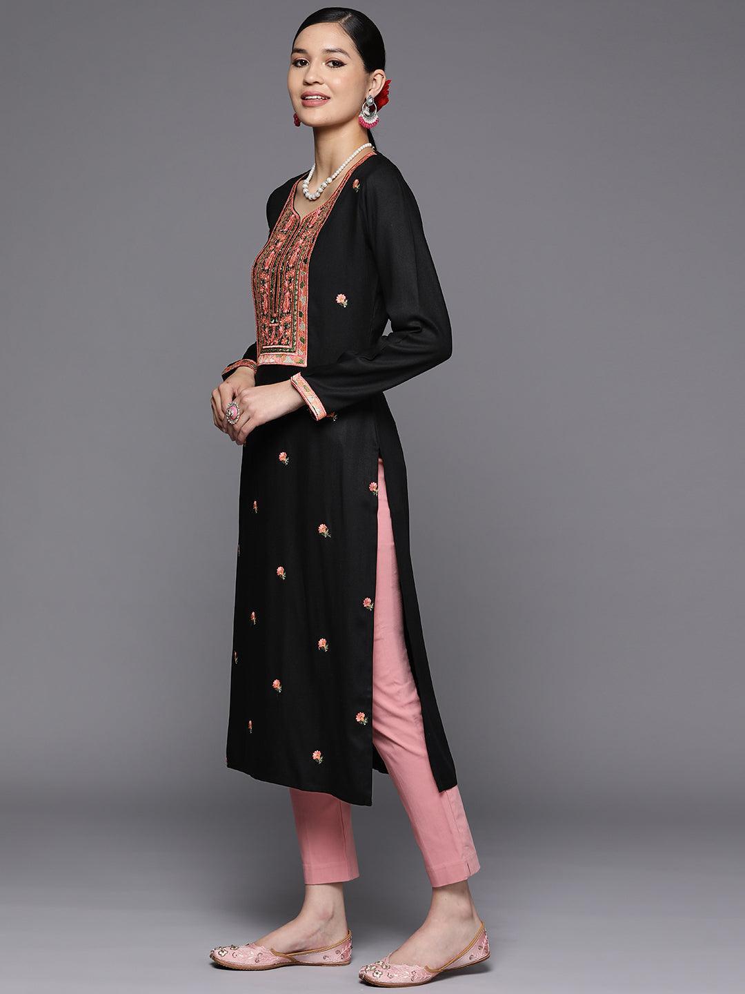 Black Yoke Design Wool Straight Kurta