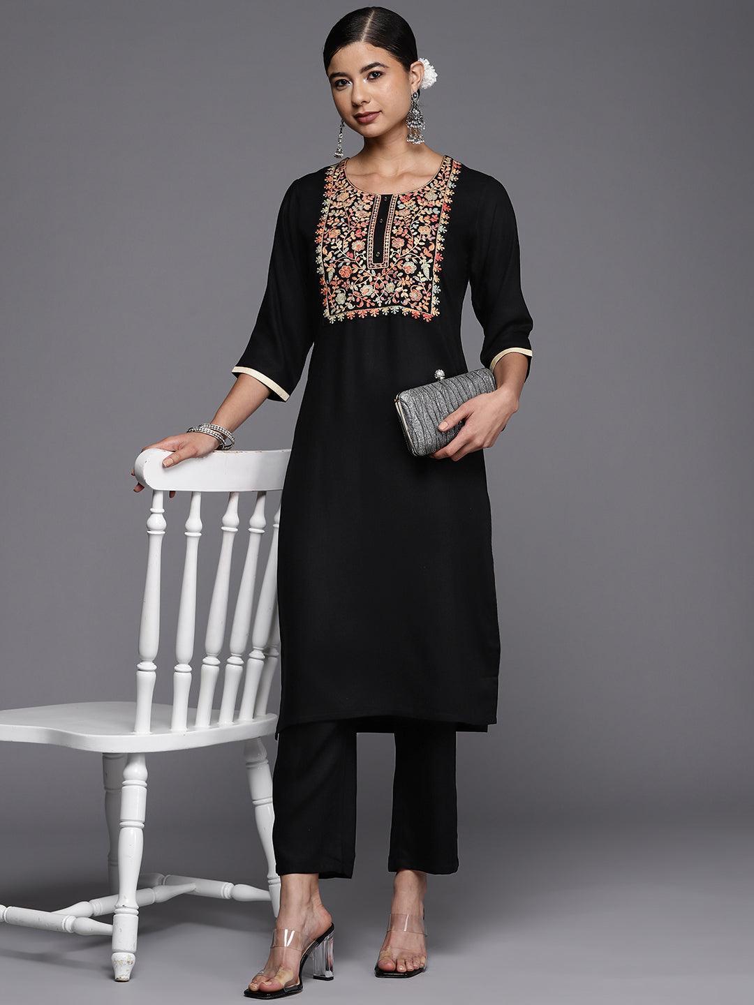 Black Yoke Design Wool Straight Kurta