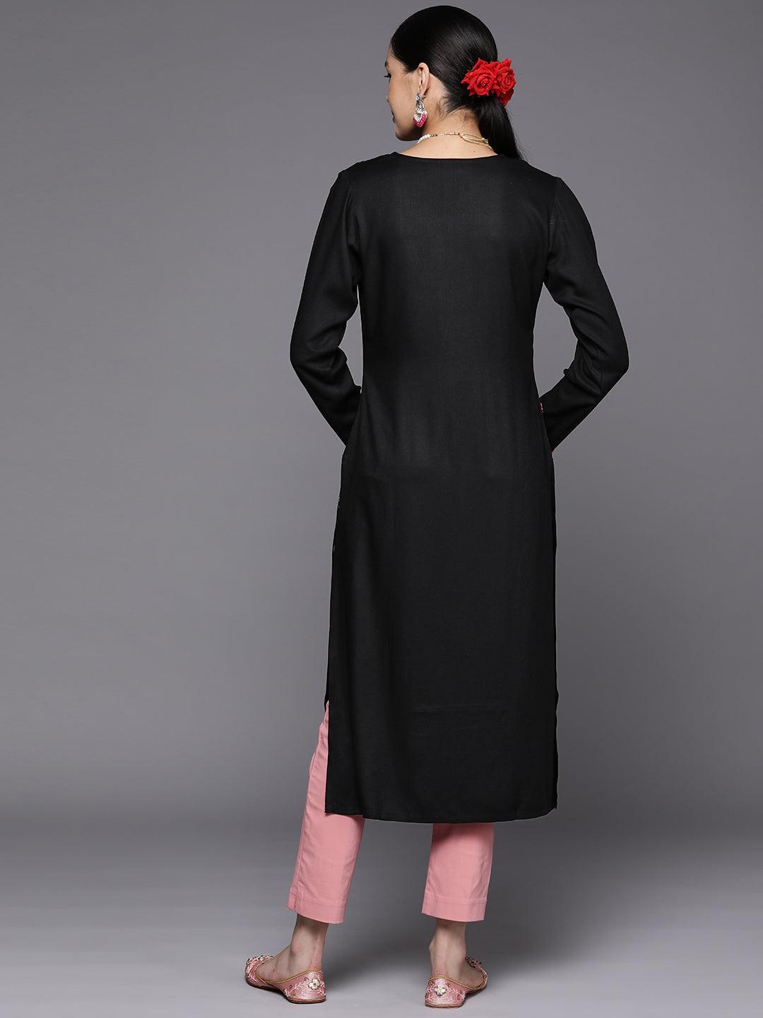 Black Yoke Design Wool Straight Kurta