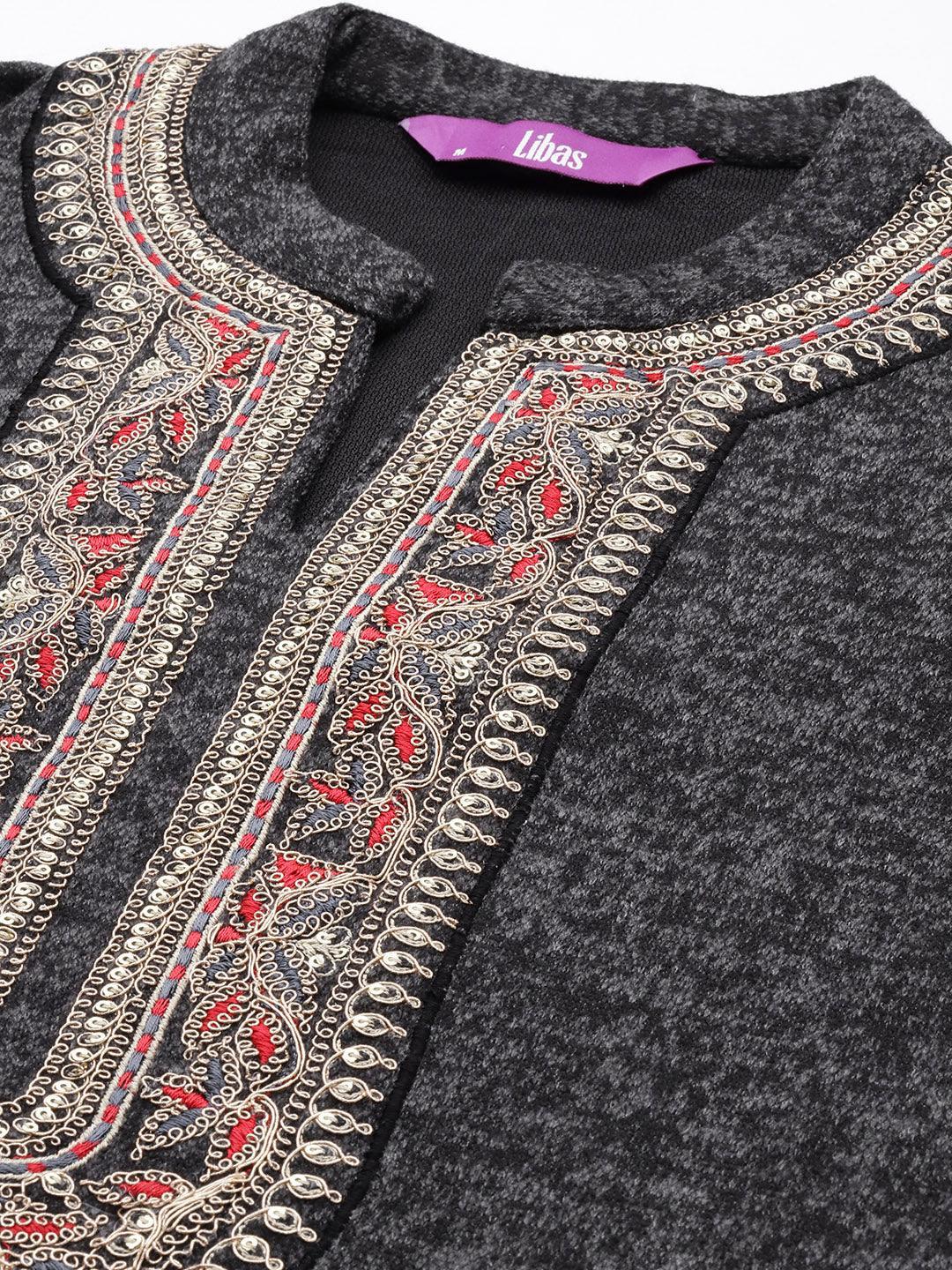 Black Yoke Design Wool Straight Kurta - ShopLibas