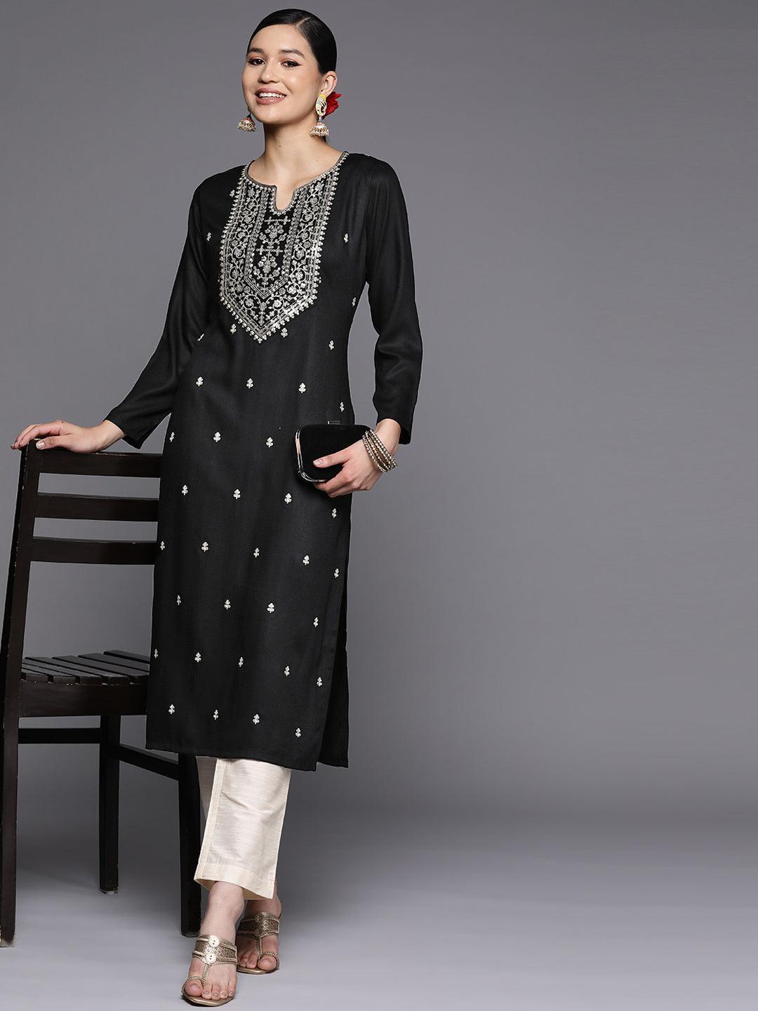 Black Yoke Design Wool Straight Kurta