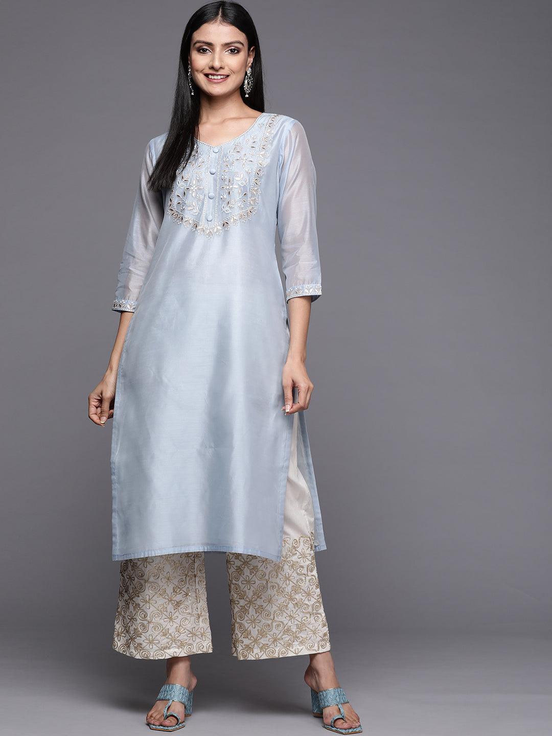 Blue Embroidered Chanderi Silk Straight Kurta