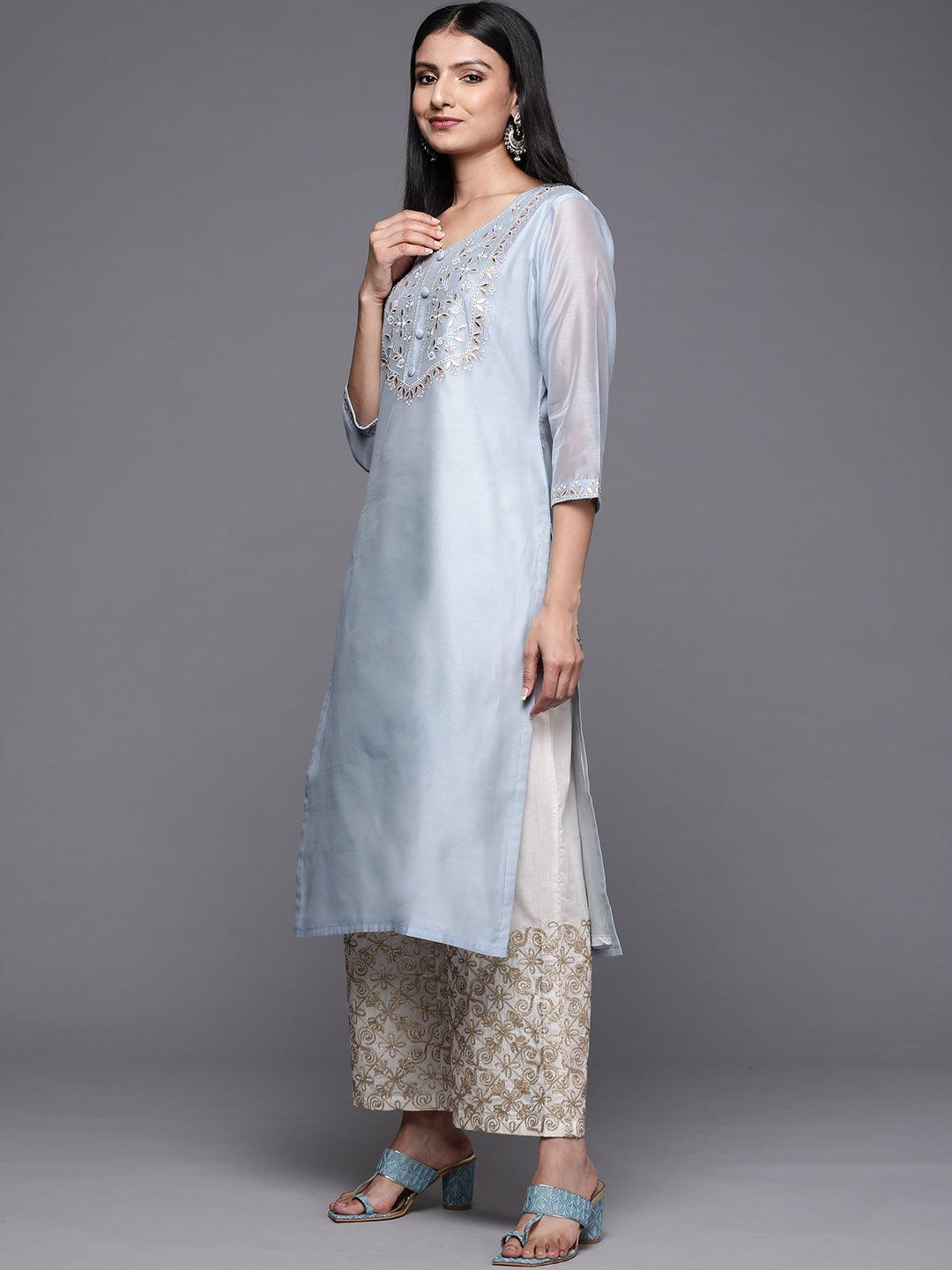 Blue Embroidered Chanderi Silk Straight Kurta