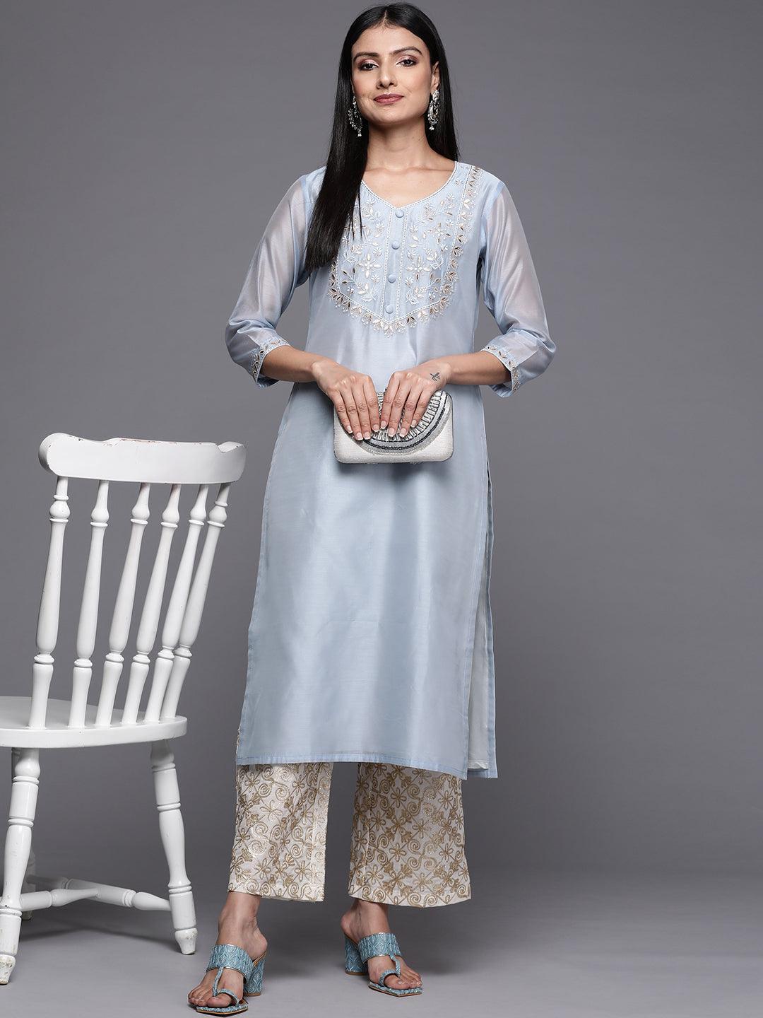 Blue Embroidered Chanderi Silk Straight Kurta