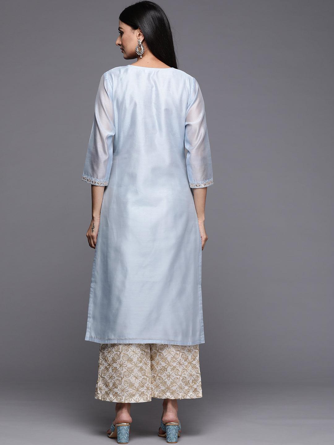 Blue Embroidered Chanderi Silk Straight Kurta