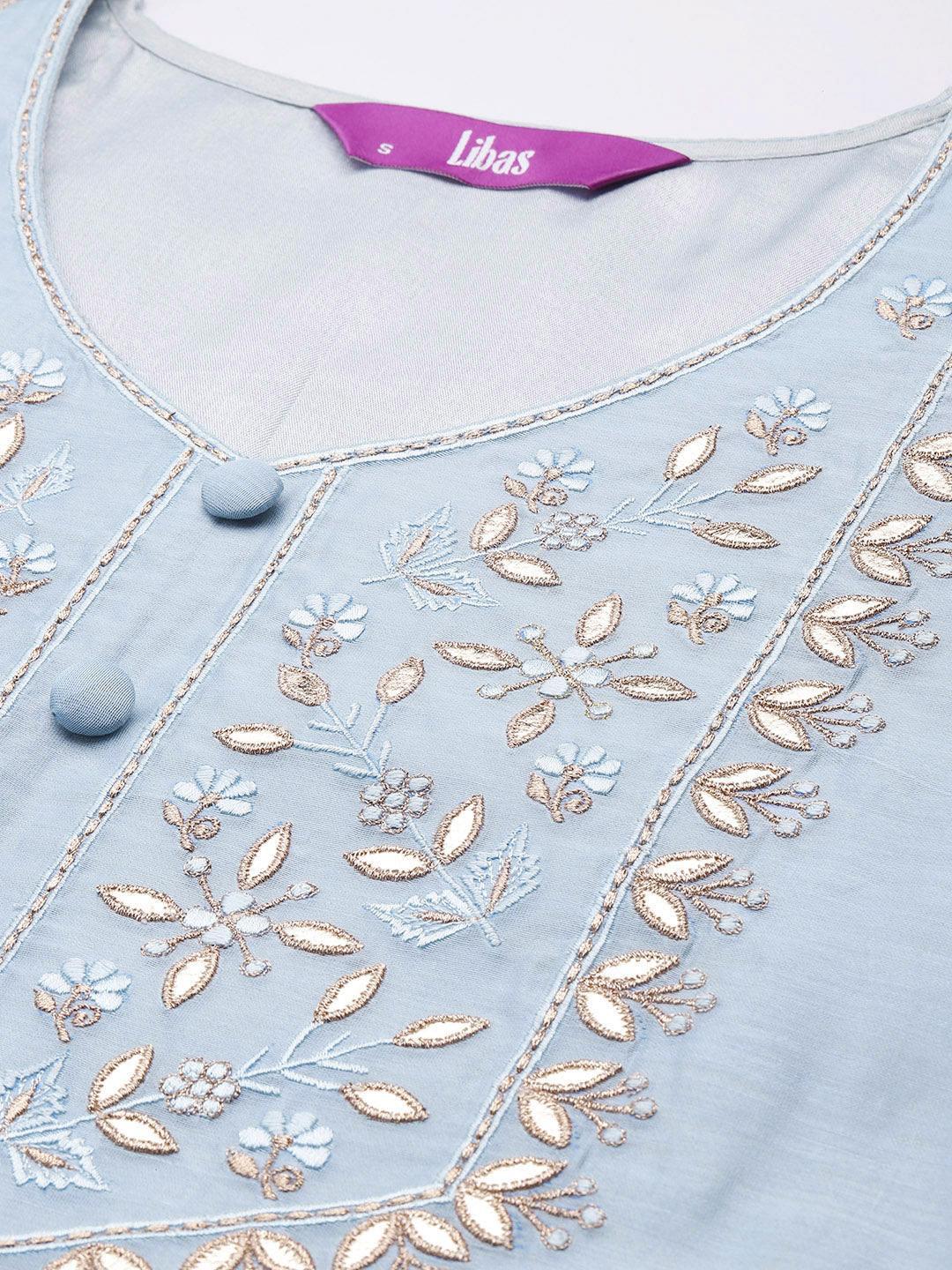 Blue Embroidered Chanderi Silk Straight Kurta