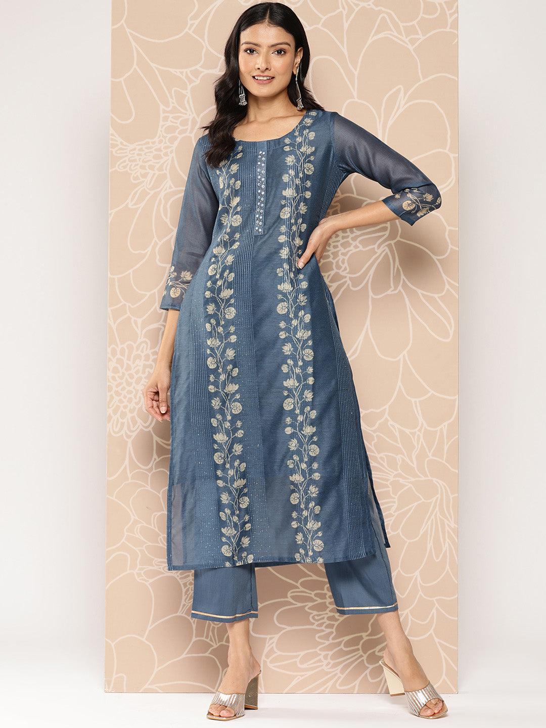 Blue Embroidered Chanderi Silk Straight Kurta With Trousers