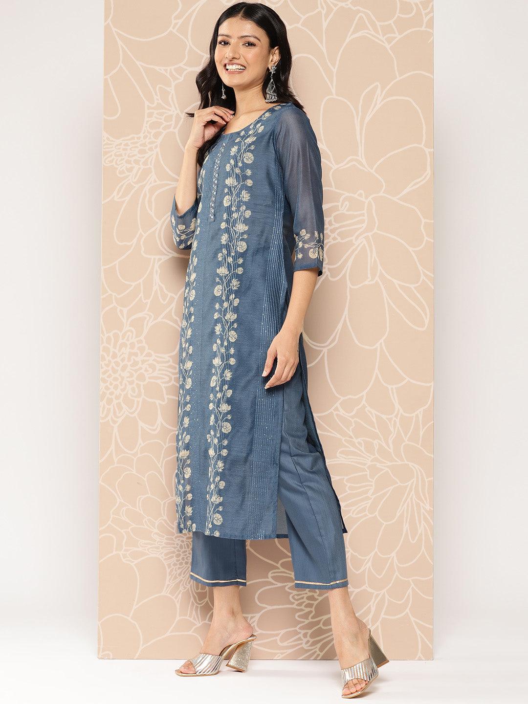 Blue Embroidered Chanderi Silk Straight Kurta With Trousers