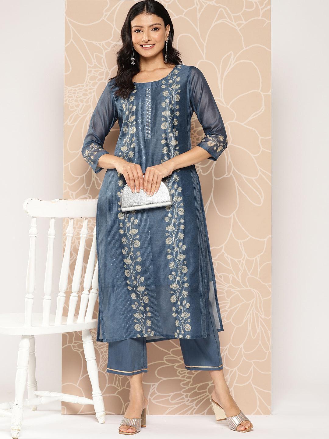 Blue Embroidered Chanderi Silk Straight Kurta With Trousers