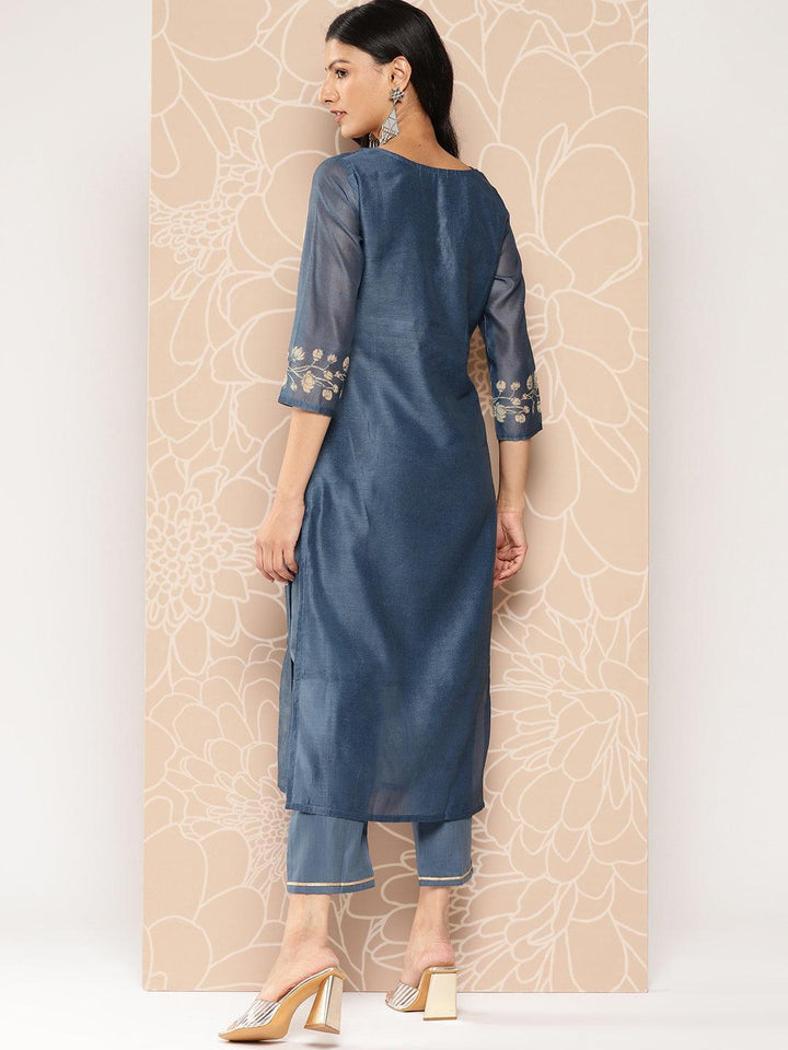 Blue Embroidered Chanderi Silk Straight Kurta With Trousers - Libas