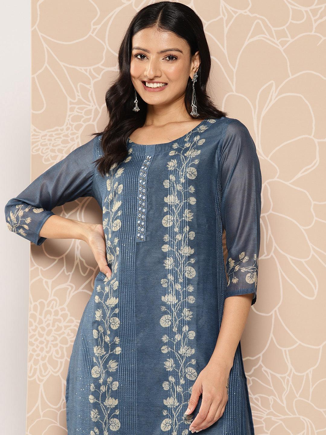 Blue Embroidered Chanderi Silk Straight Kurta With Trousers