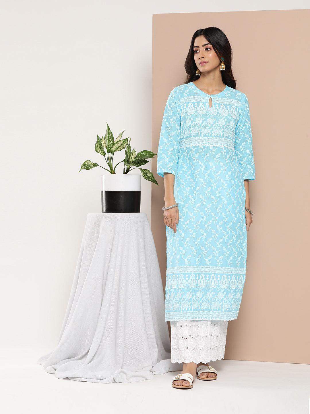 Blue Embroidered Cotton Straight Kurta