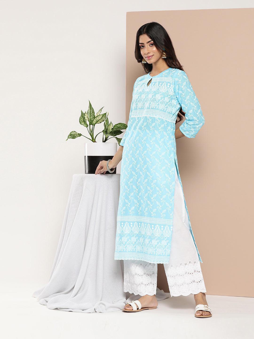 Blue Embroidered Cotton Straight Kurta