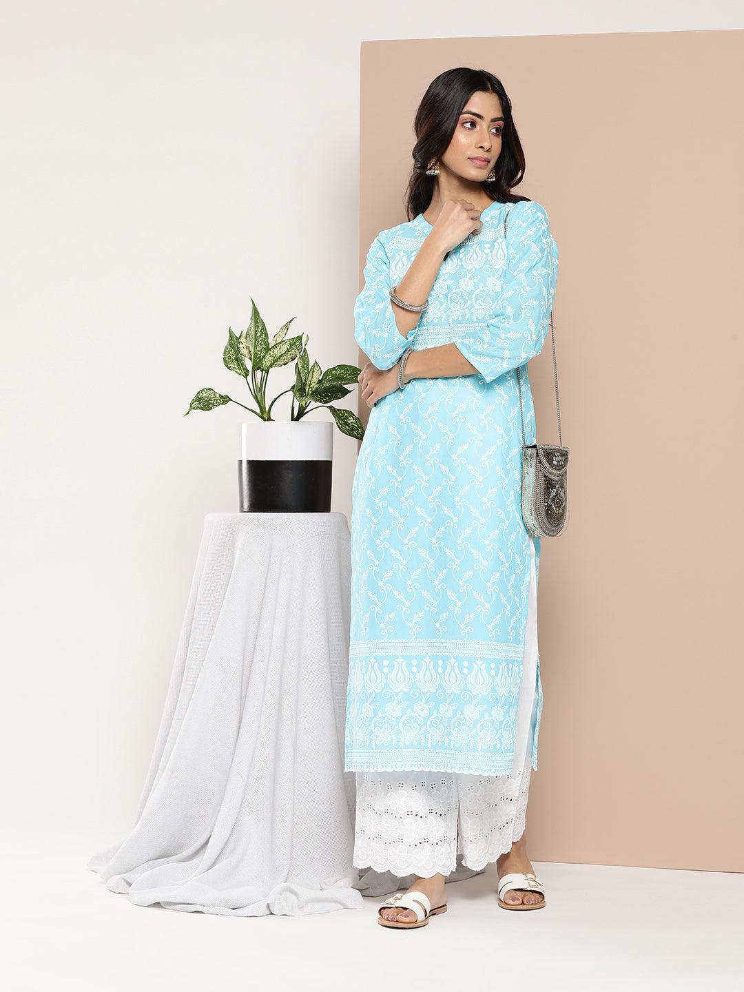 Blue Embroidered Cotton Straight Kurta