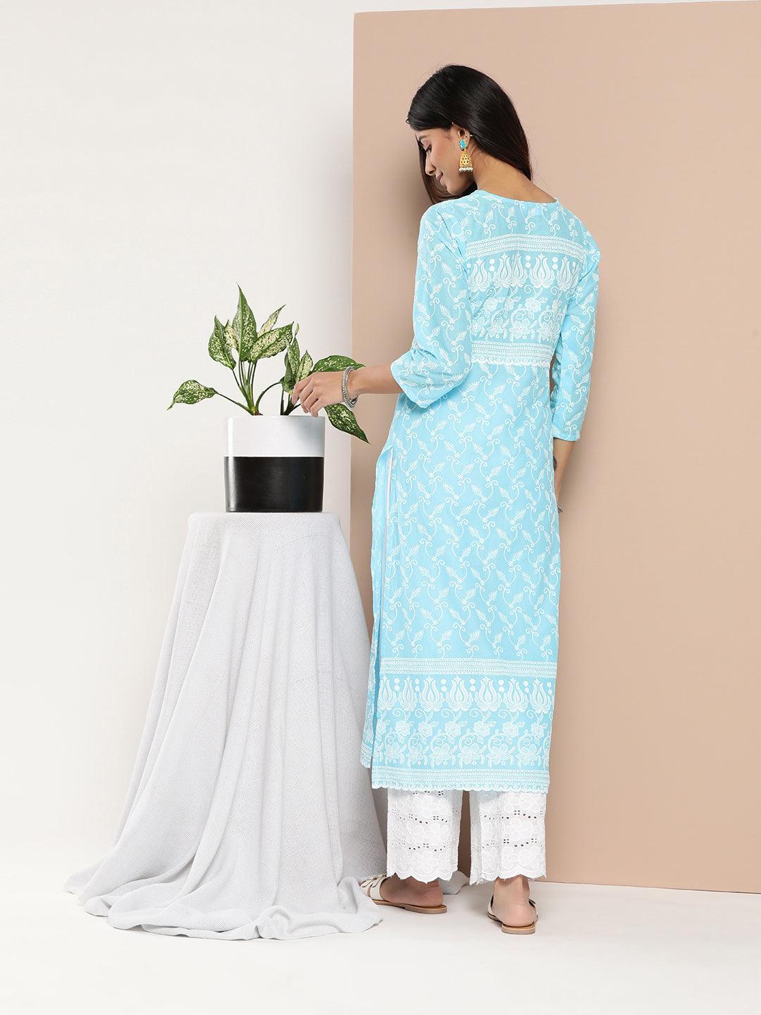 Blue Embroidered Cotton Straight Kurta