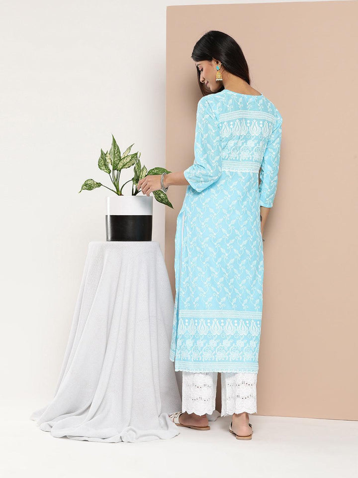 Blue Embroidered Cotton Straight Kurta - ShopLibas