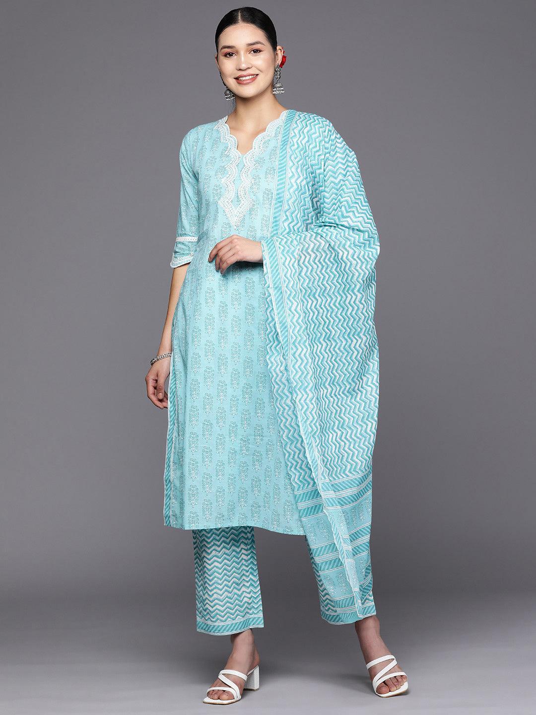 Blue Embroidered Cotton Straight Suit Set With Trousers - ShopLibas