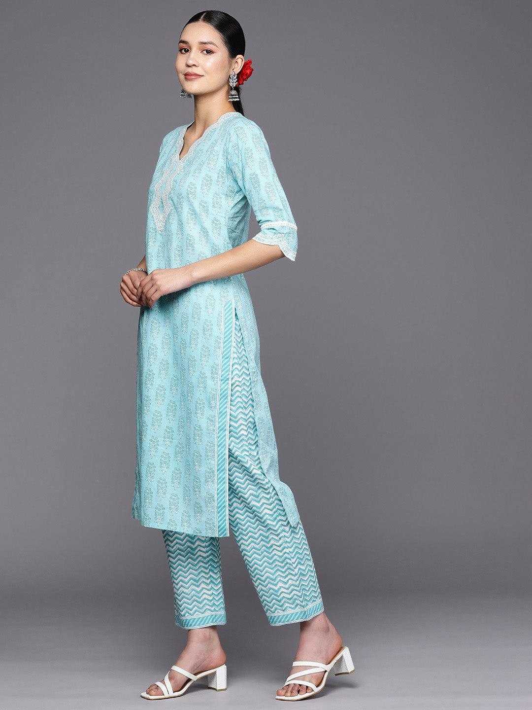 Blue Embroidered Cotton Straight Suit Set With Trousers - ShopLibas