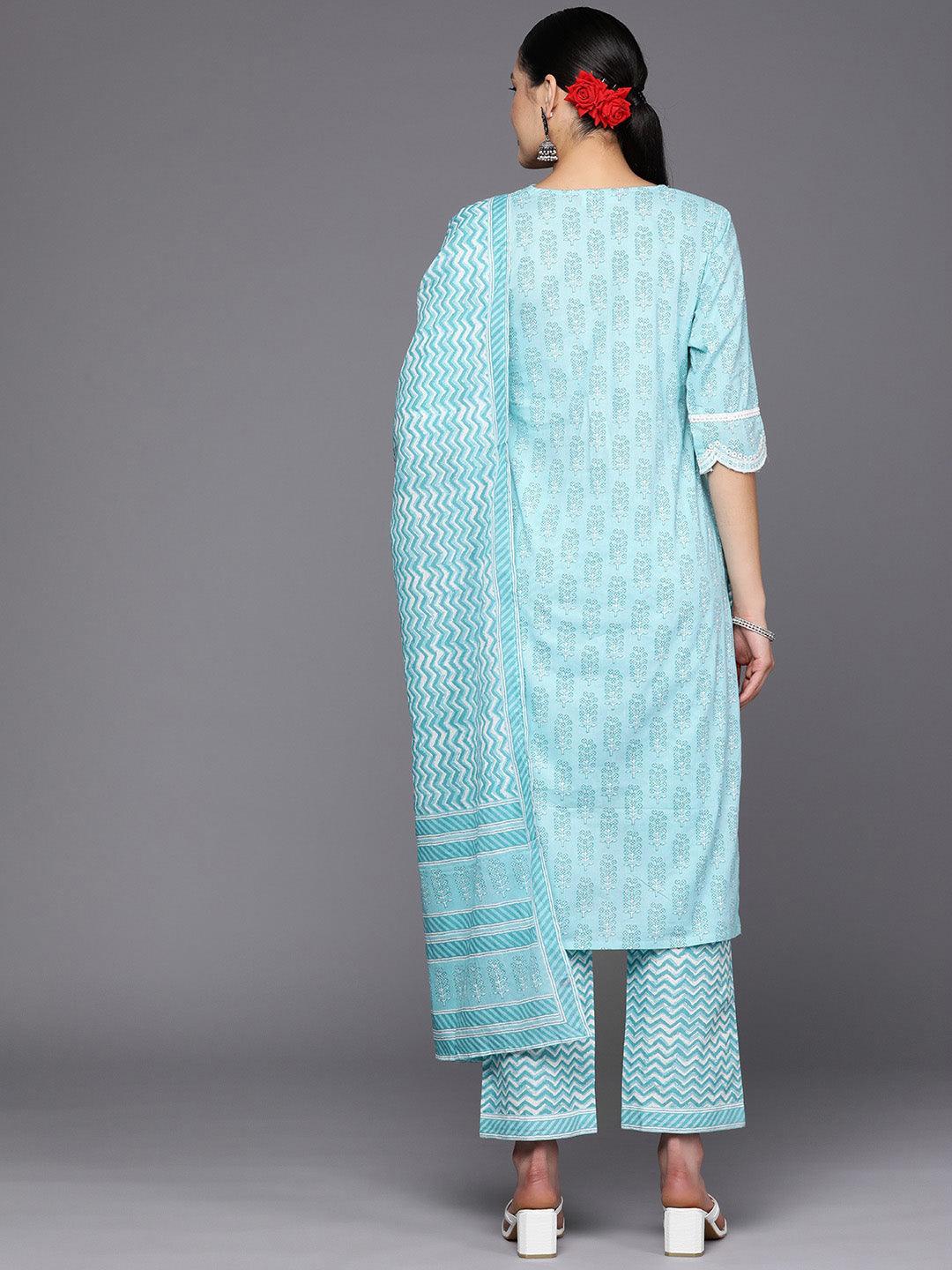 Blue Embroidered Cotton Straight Suit Set With Trousers - ShopLibas