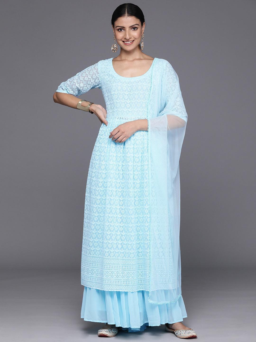 Blue Embroidered Georgette A-Line Kurta With Palazzos & Dupatta