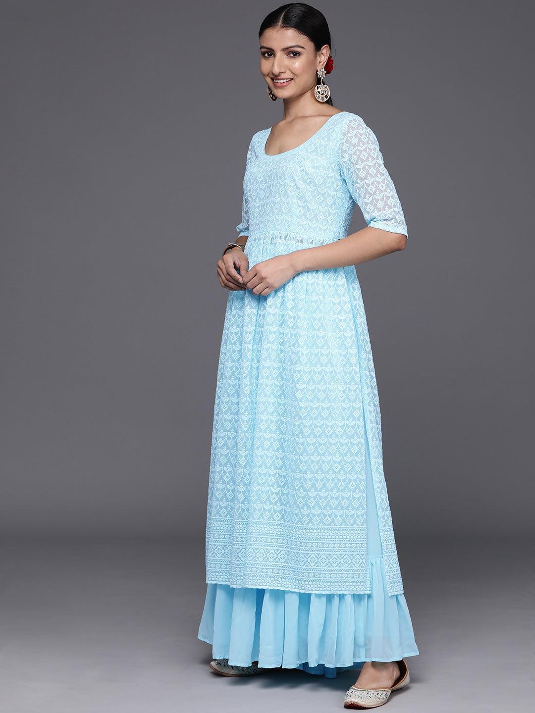 Blue Embroidered Georgette A-Line Kurta With Palazzos & Dupatta