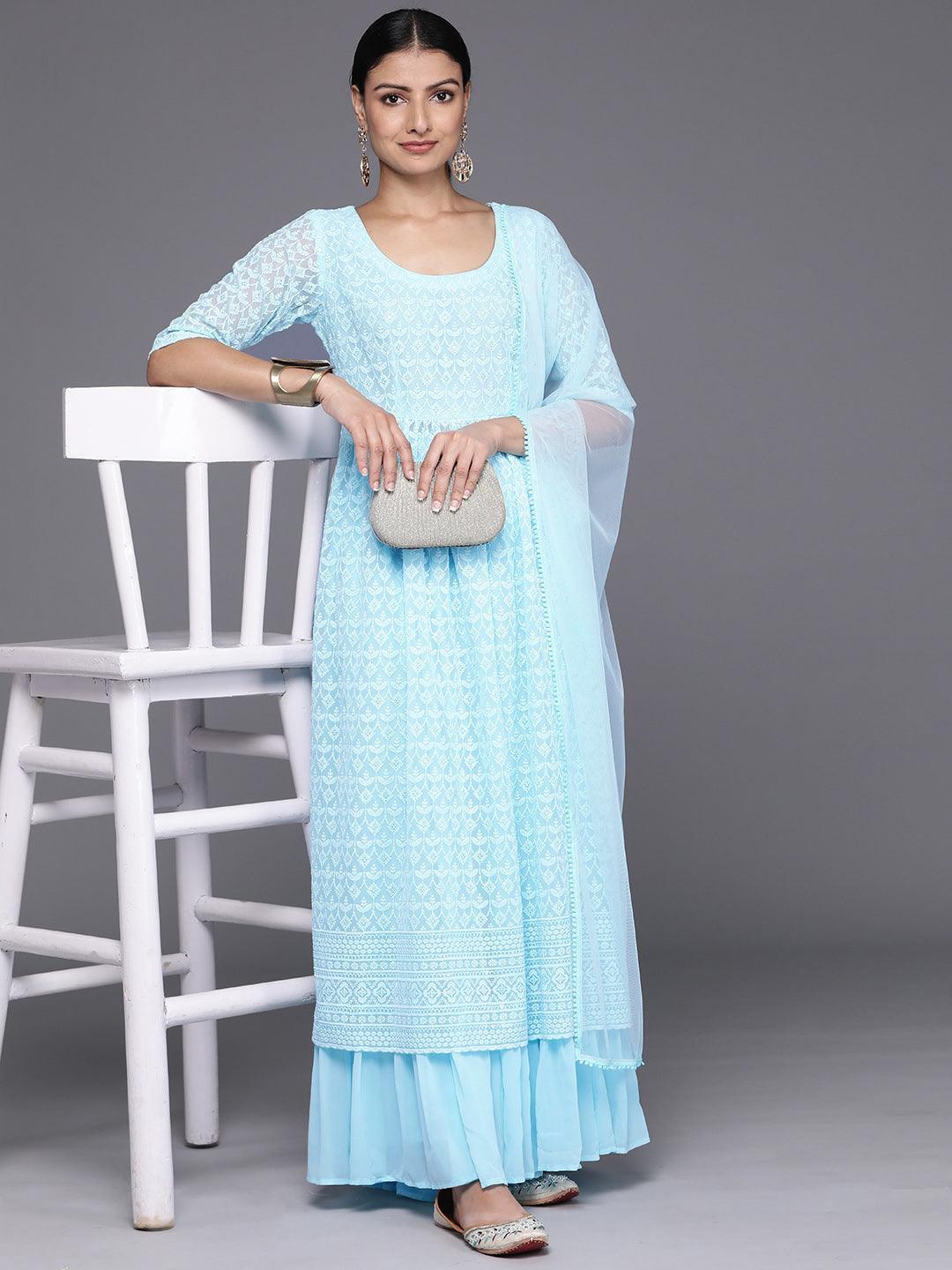 Blue Embroidered Georgette A-Line Kurta With Palazzos & Dupatta