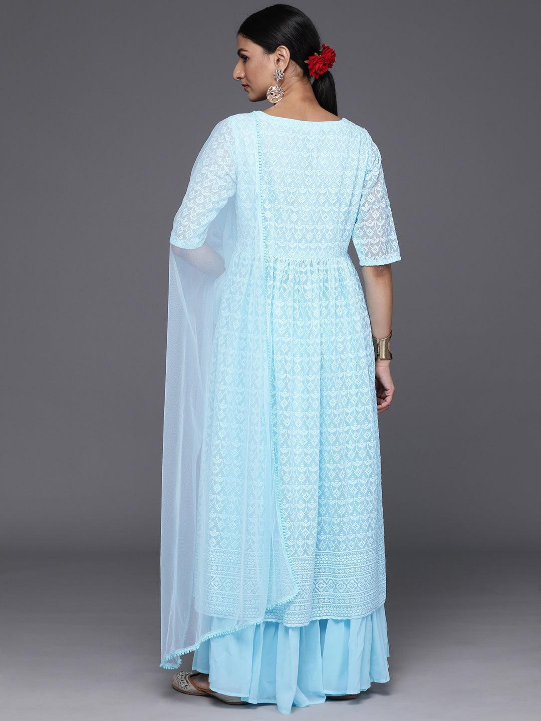 Blue Embroidered Georgette A-Line Kurta With Palazzos & Dupatta