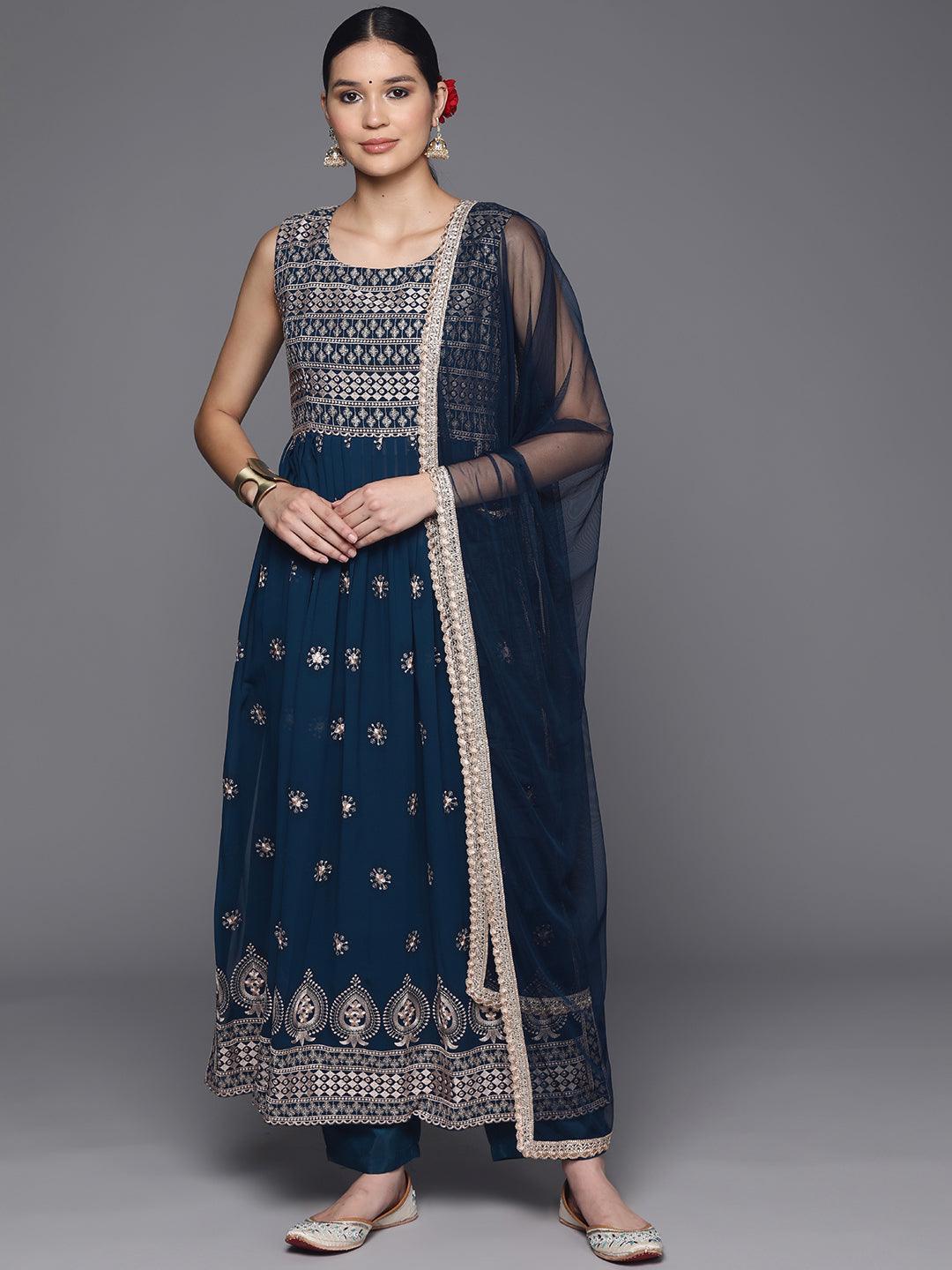 Blue Embroidered Georgette A-Line Kurta With Trousers & Dupatta