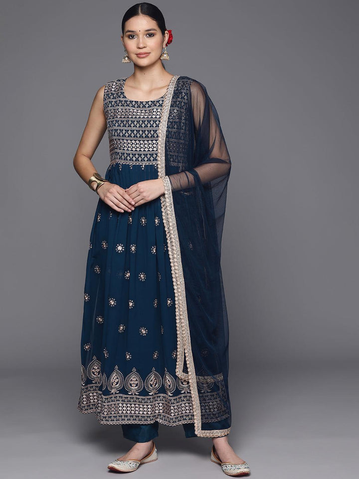 Blue Embroidered Georgette A-Line Kurta With Trousers & Dupatta - Libas