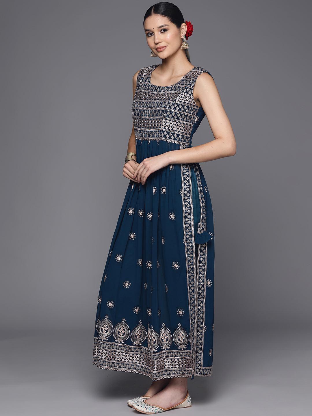 Blue Embroidered Georgette A-Line Kurta With Trousers & Dupatta