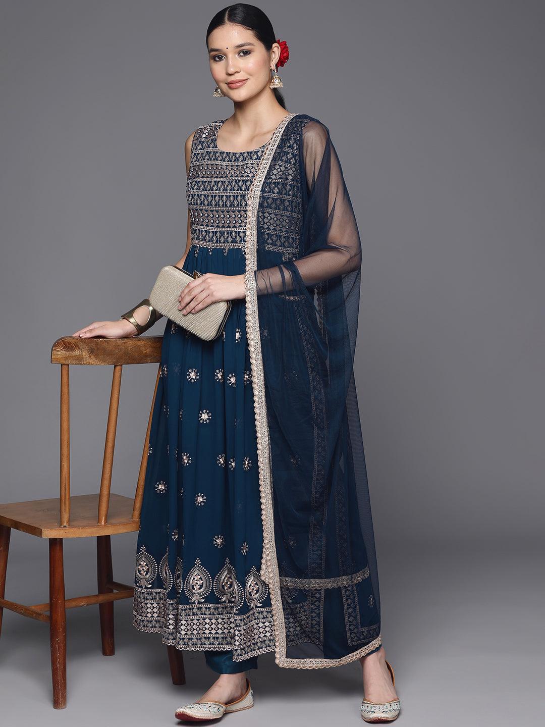 Blue Embroidered Georgette A-Line Kurta With Trousers & Dupatta