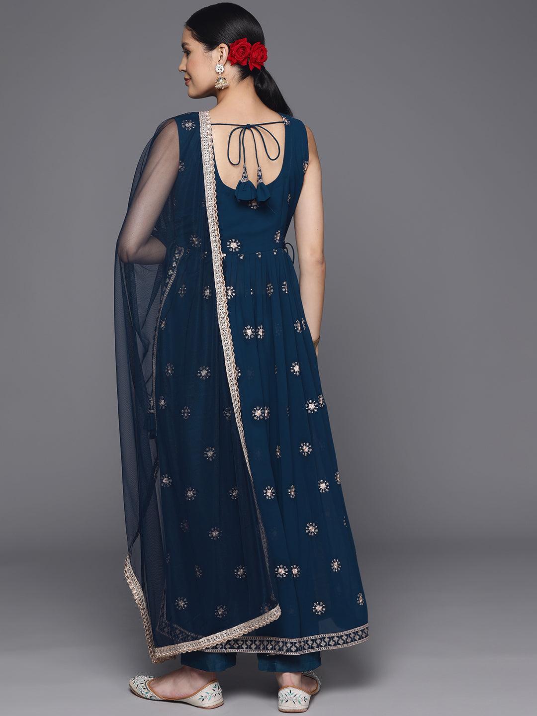 Blue Embroidered Georgette A-Line Kurta With Trousers & Dupatta