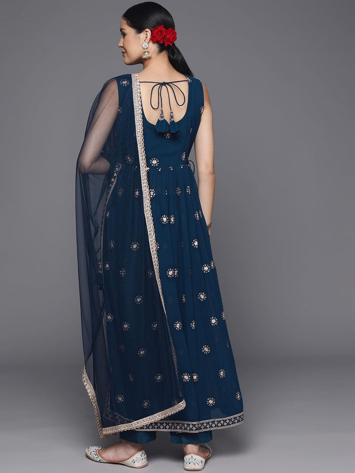 Blue Embroidered Georgette A-Line Kurta With Trousers & Dupatta - Libas