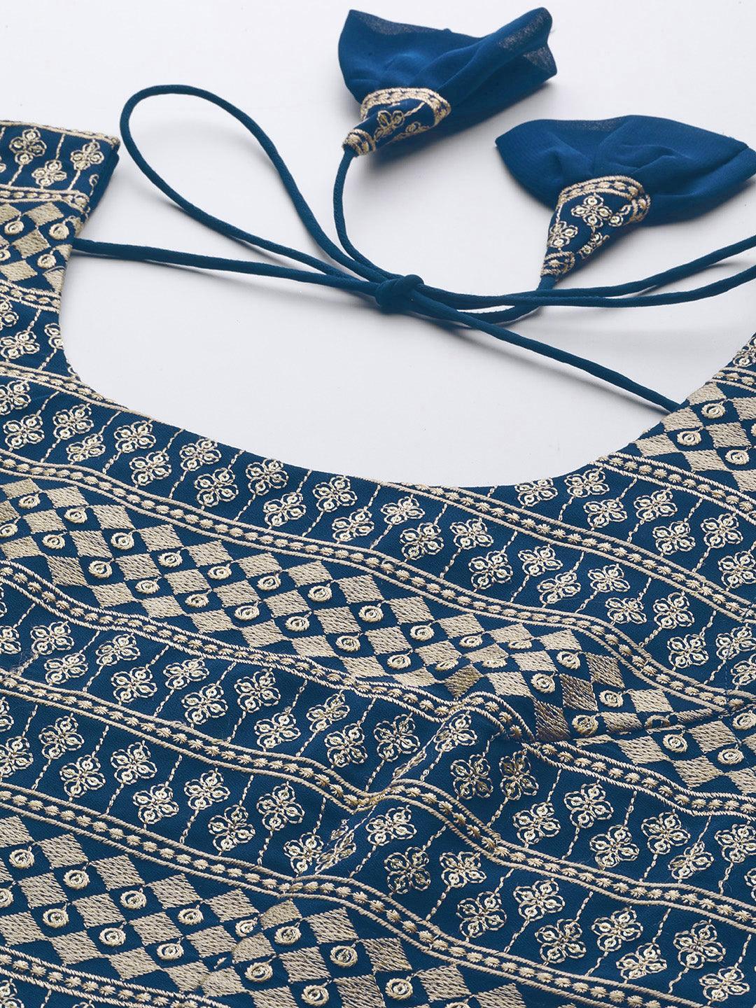 Blue Embroidered Georgette A-Line Kurta With Trousers & Dupatta