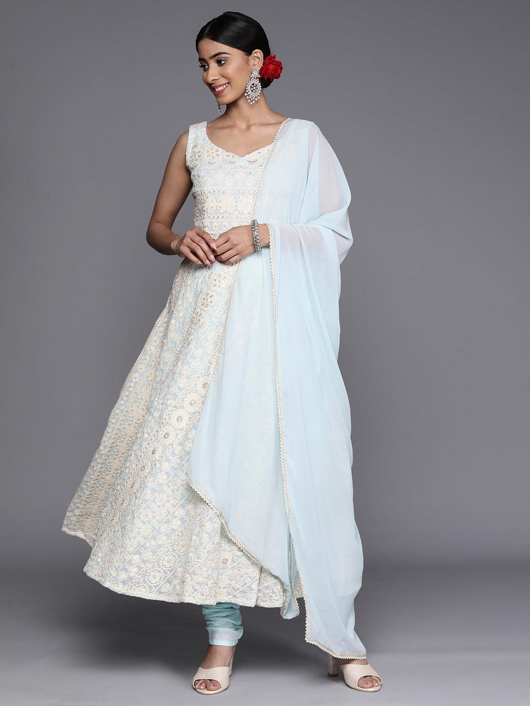 Blue Embroidered Georgette Anarkali Suit Set With Churidar