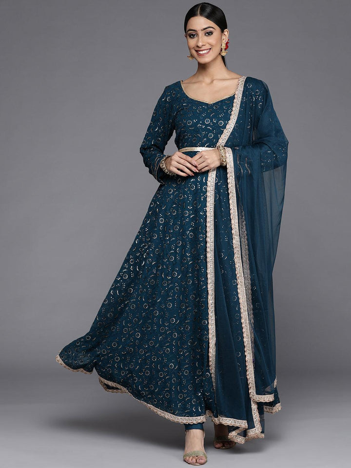 Blue Embroidered Georgette Anarkali Suit Set With Churidar - Libas