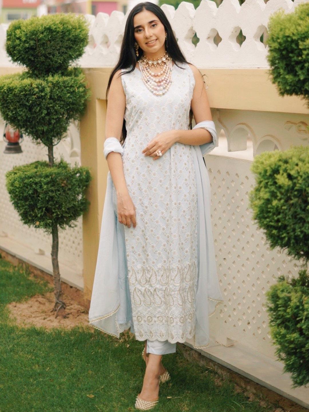 Blue Embroidered Georgette Kurta Set