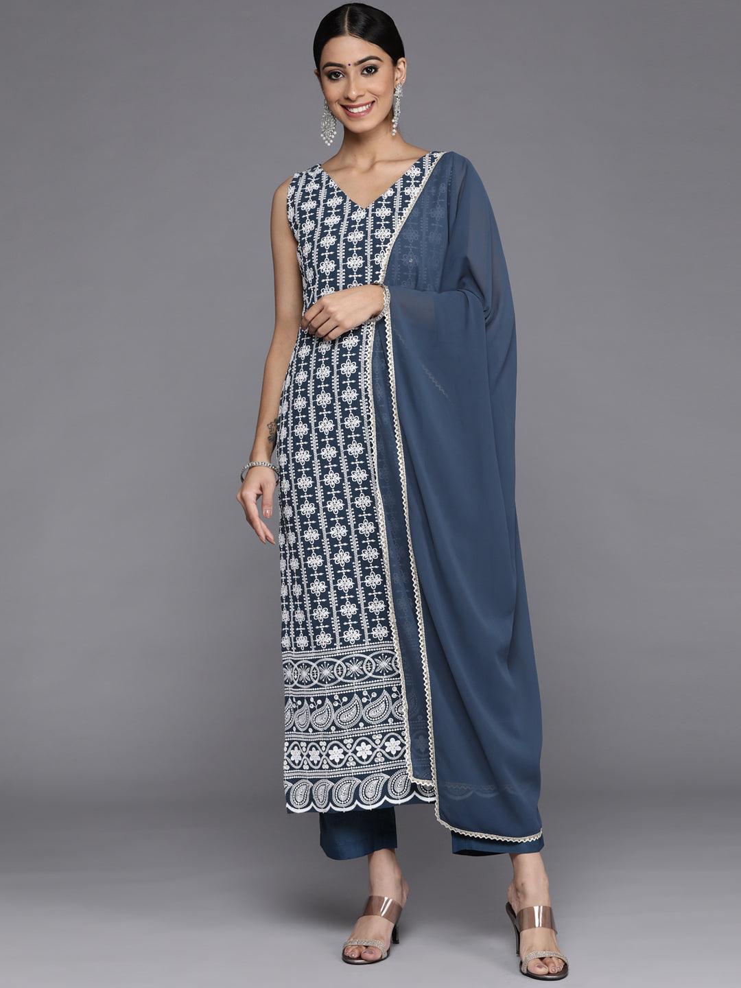 Blue Embroidered Georgette Straight Kurta With Dupatta