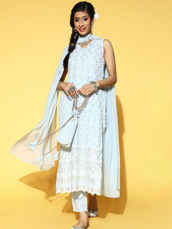 Blue Embroidered Georgette Kurta Set - ShopLibas