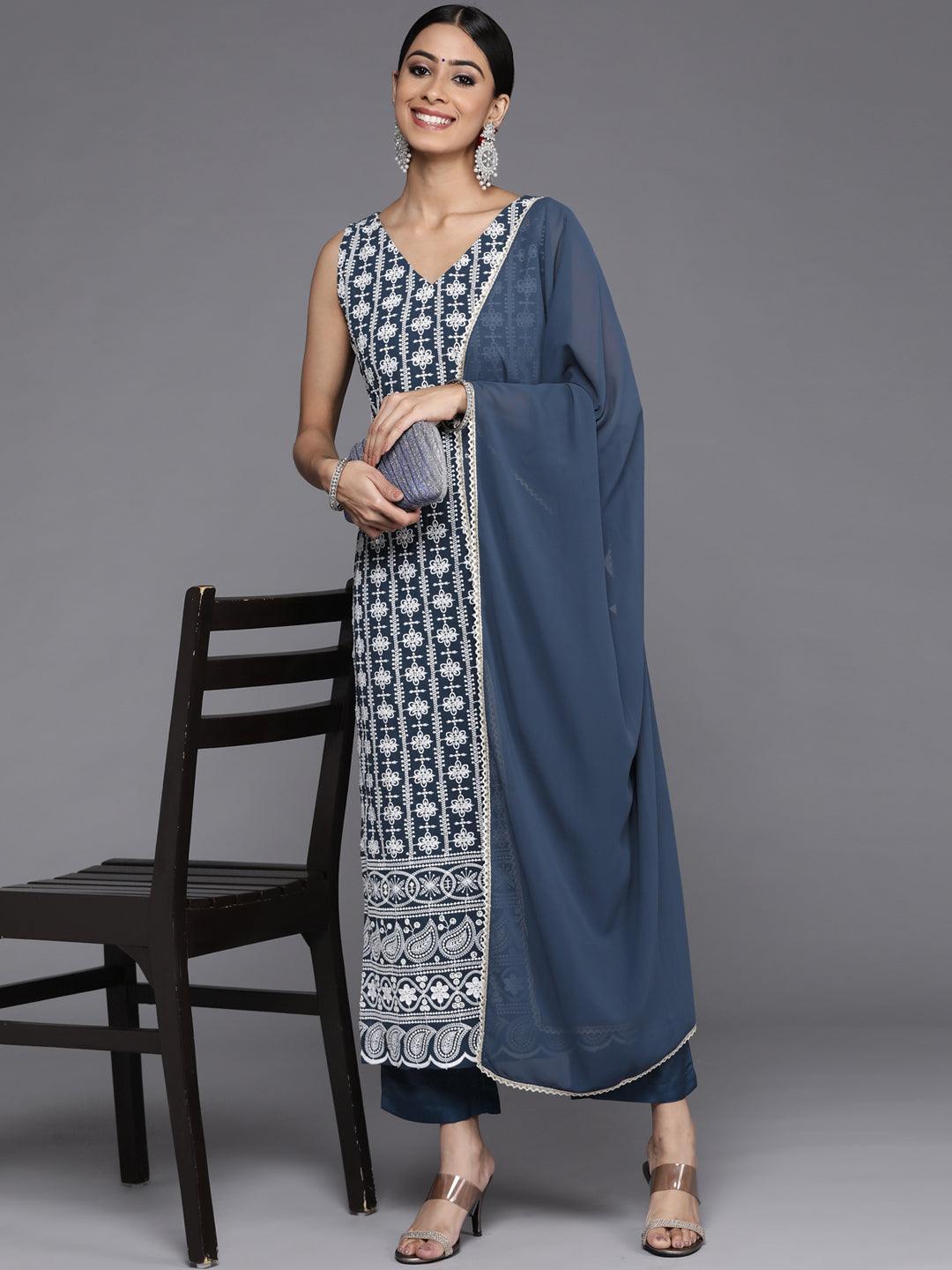 Blue Embroidered Georgette Straight Kurta With Dupatta