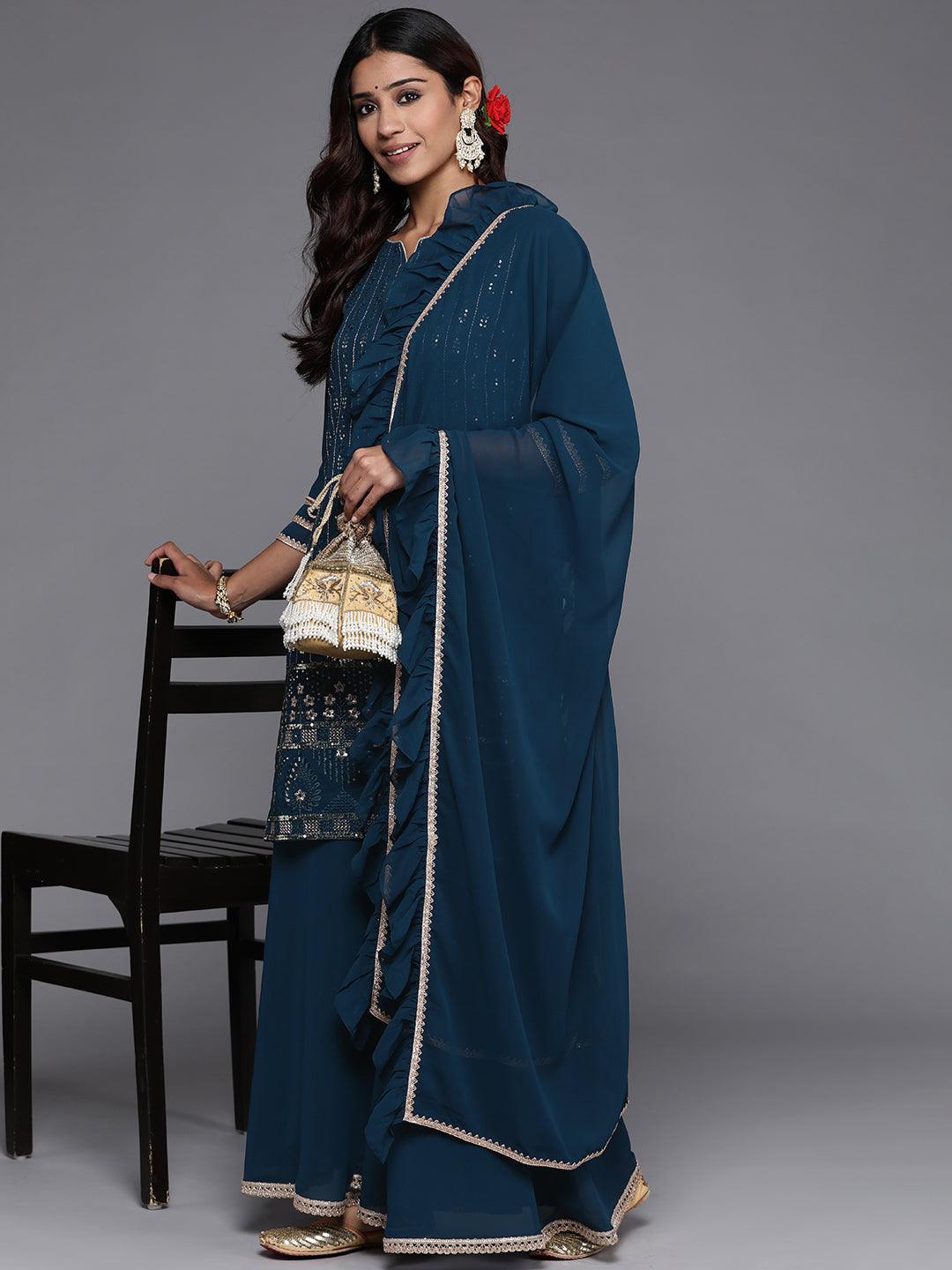 Blue Embroidered Georgette Straight Suit Set With Skirt - Libas