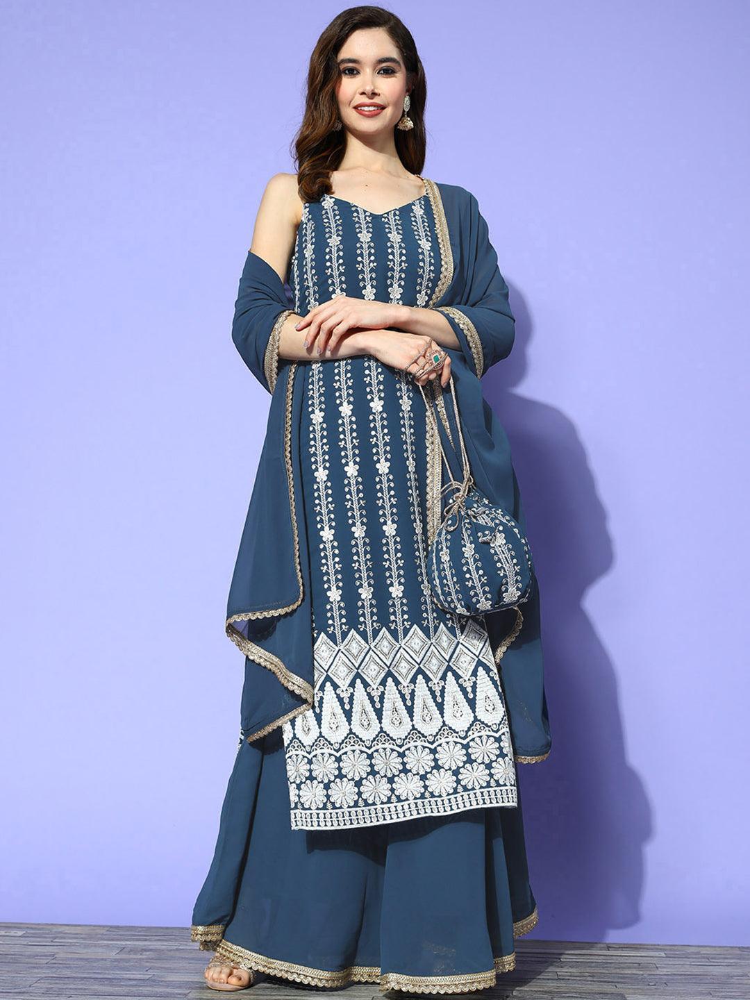 Blue Embroidered Georgette Straight Kurta With Skirt & Dupatta