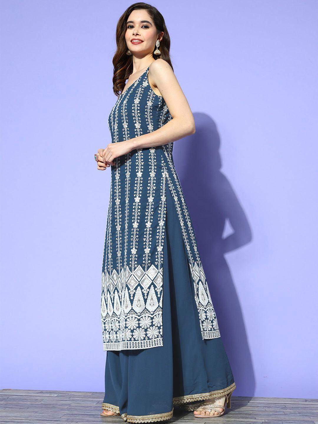 Blue Embroidered Georgette Straight Kurta With Skirt & Dupatta