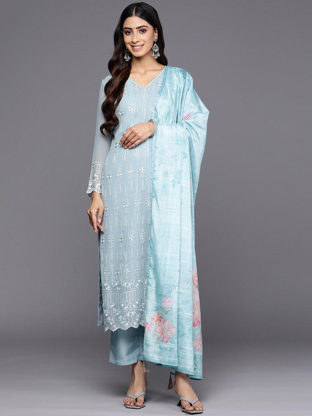 Blue Embroidered Georgette Straight Suit Set With Trousers