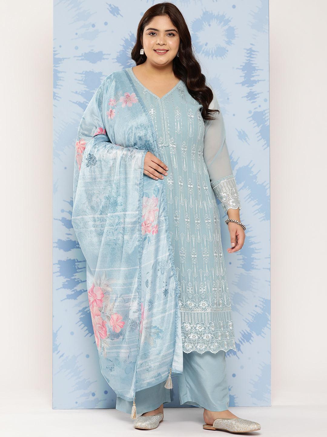 Blue Embroidered Georgette Straight Kurta With Trousers and Dupatta