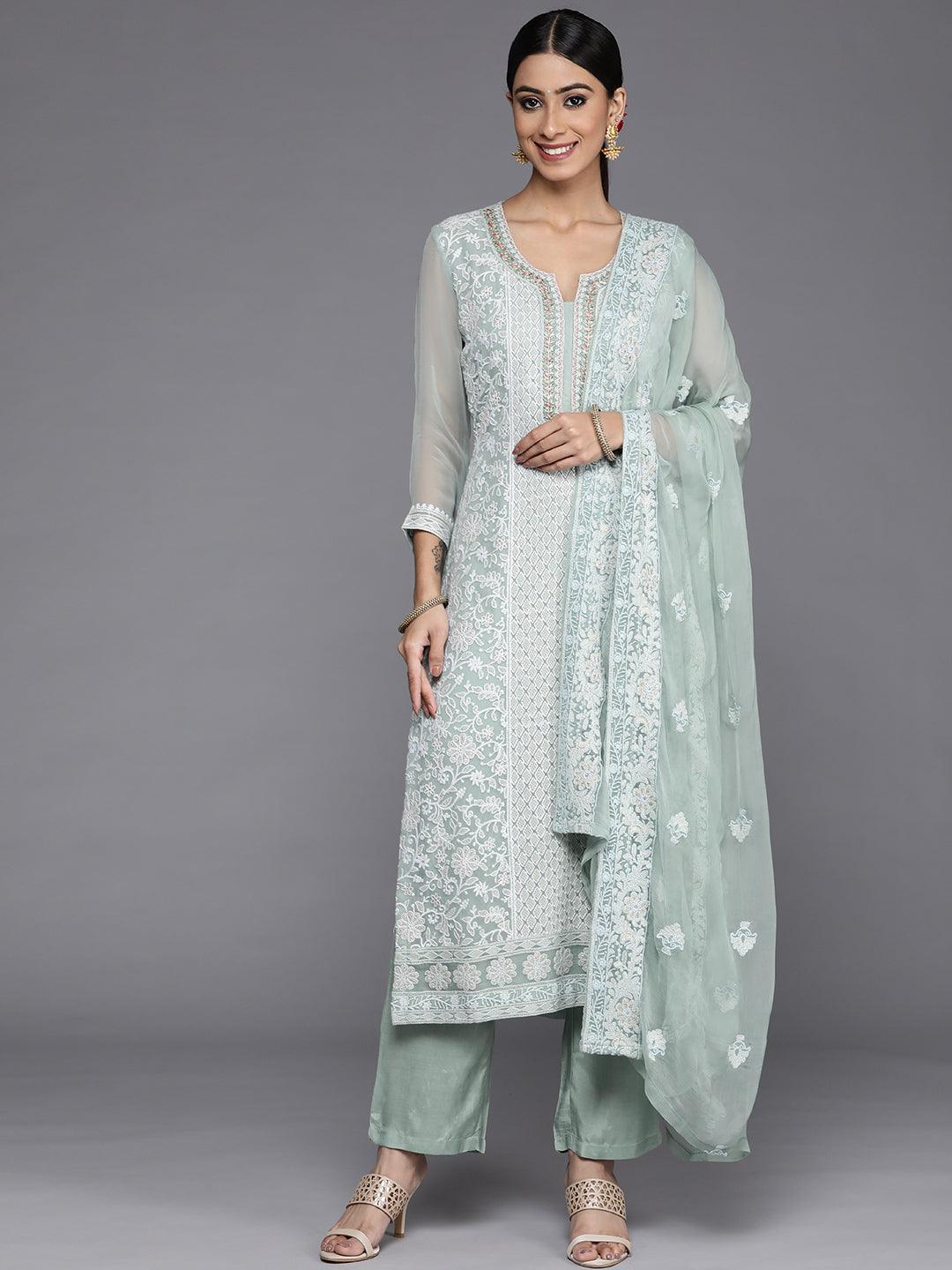 Blue Embroidered Poly Georgette Straight Suit Set