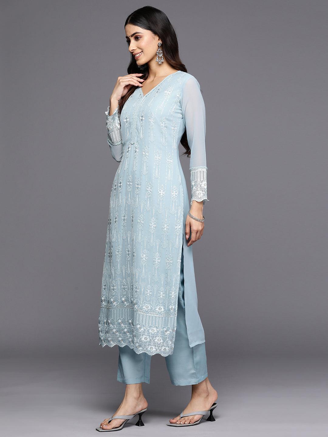 Blue Embroidered Georgette Straight Suit Set With Trousers