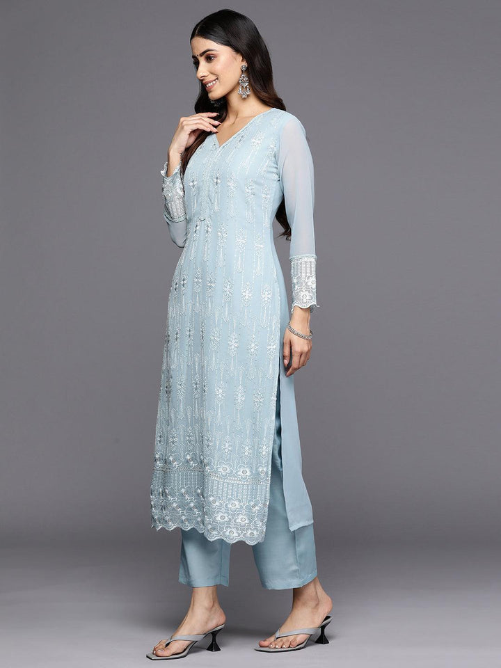 Blue Embroidered Georgette Straight Suit Set With Trousers - ShopLibas