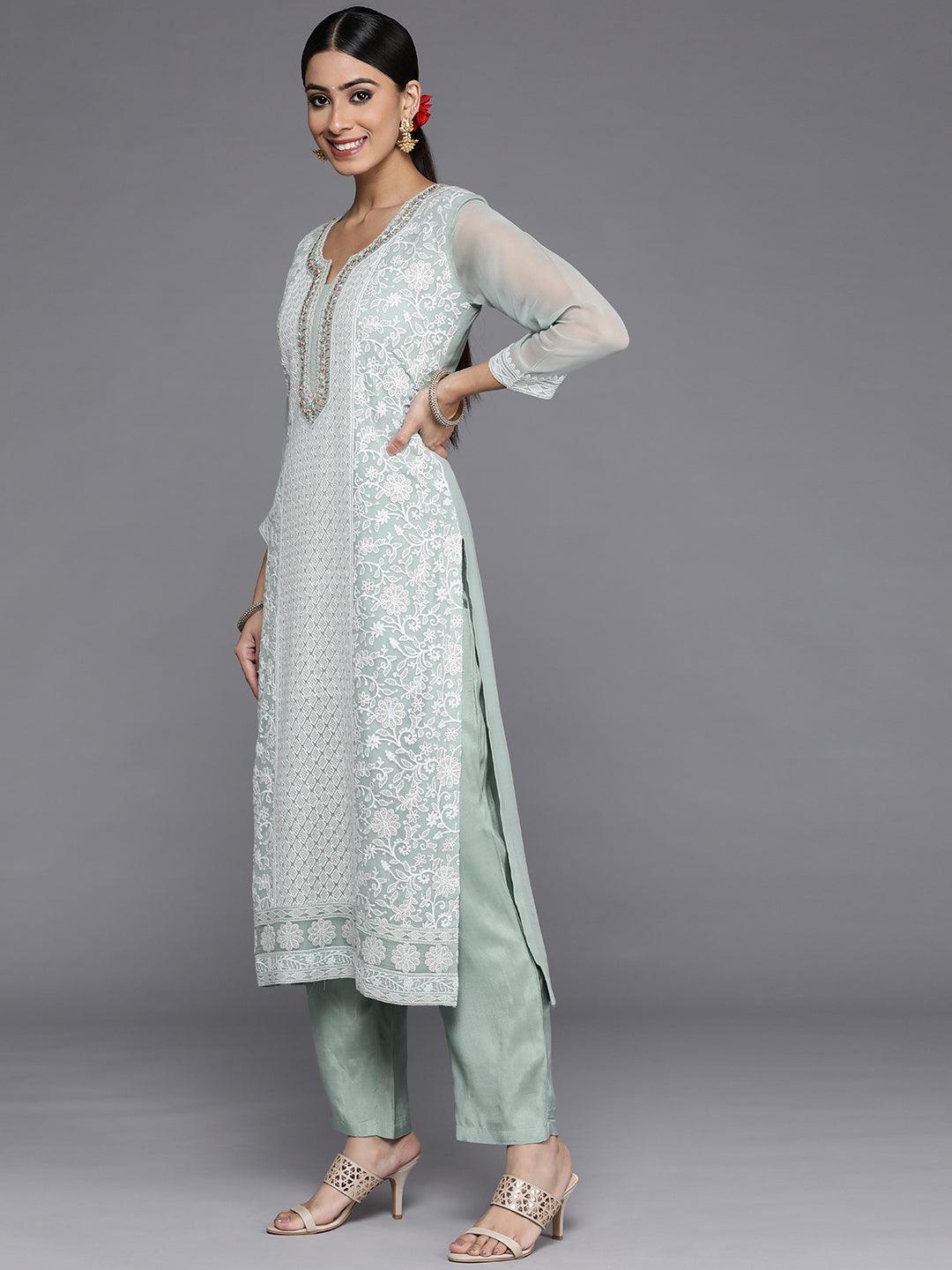 Blue Embroidered Poly Georgette Straight Suit Set